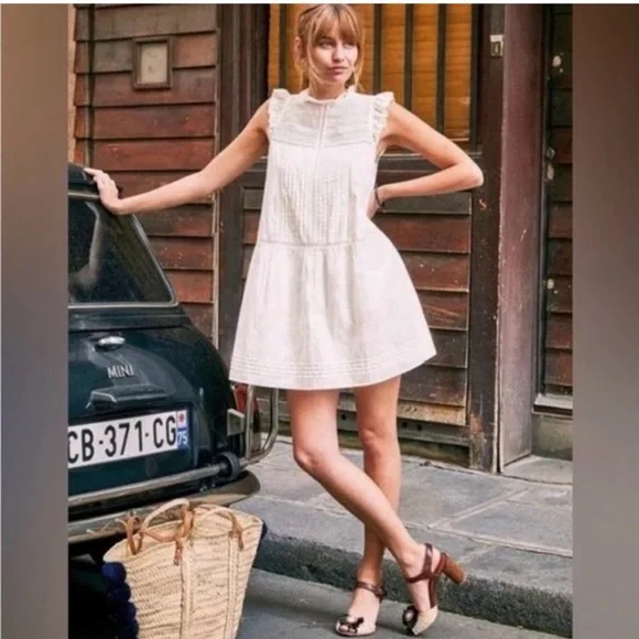 Sezane Sophie White Cotton Lace Ruffle Bohemian Mini Dress Women’s US 10 EU 42 - Picture 1 of 13